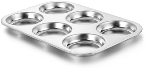 E-far Muffin Top Pan, Stainless Steel 6-Cavity Shallow Cupcake Pan for Baking Whoopie Pie, Yorkshire Pudding, Eggs, Cornbread, Drop Cookies, Non-toxic & Standard Size, Oven & Dishwasher Safe