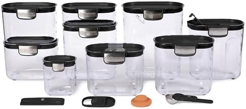 ProKeeper+ Airtight Food Storage Container Set – Clear Plastic Flour and Sugar Canister Set with Magnetic Accessories for Kitchen Organization (Black, 13-Piece)