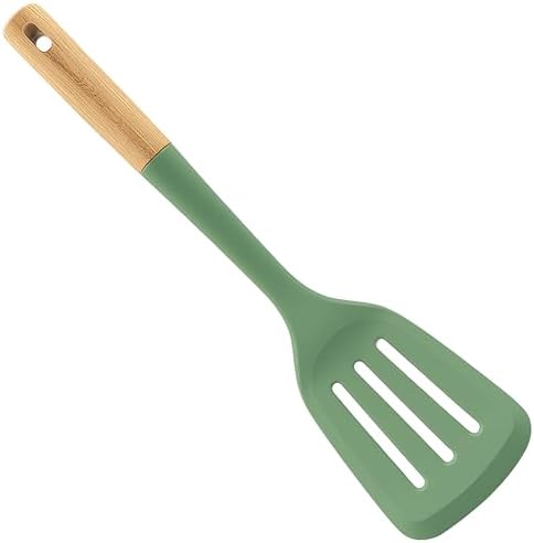 Beille 1pc Slotted Spatula Beech Wood and Silicone Kitchen Utensils Meal Prep Cooking Baking Supplies Home Essentials, Olive Green