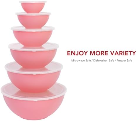 BoxedHome BPA Free Plastic Round Mixing Bowl with Lids, 12 Pack Nesting Bowls with Lids Set, Microwave and Dishwasher Safe Prep & Serving Bowls Great for Mixing, Baking, Serving (Pink, 12pcs)