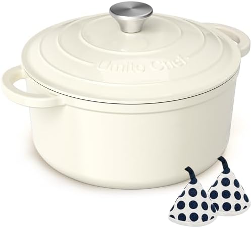 Enameled Cast Iron Dutch Oven - Umite Chef 5QT Pot with Lid & Cotton Potholders - Heavy-Duty Cookware for Bread Baking, Braising, Stews, Roasting(Cream White)