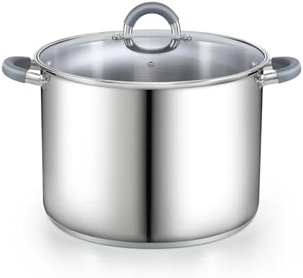 Cook N Home Basics 16 Quart Stainless Steel Stock Pot with Lid, Cooking Pot for Pasta, Soup, Stay-Cool Silicone Handle, Stockpot with Even Heating, Oven Safe, Cookware for Canning, Boiling, Simmer