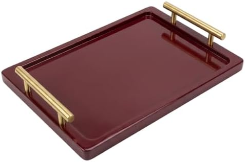 PEKER Wooden Serving Tray with Metal Handles, Black Decorative Coffee Table Tray for Breakfast in Bed, Ottoman & Home Décor, Wooden Food Tray for Kitchen