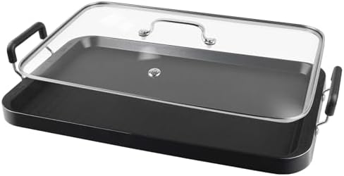 Vayepro 2 Burner Griddle Pan with Glass Lid, Stove Top Flat for Glass Stove Top, Aluminum Pancake, Non-Stick for Gas Grill, Double Burner Camping