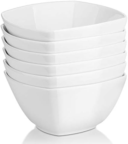 DOWAN Porcelain Soup Bowls Set of 6, 27 OZ Ceramic Square Cereal Bowls, Soft White Bowl, for Ice Cream and Dessert Snack, Wedding Party Gift, Microwave Safe Bowl