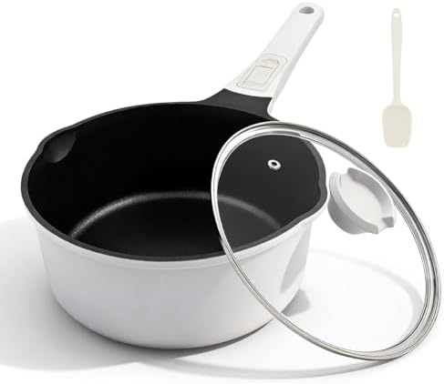 2.5 Qt Saucepan with Lid, Nonstick Sauce Pot with Pour Spout, White