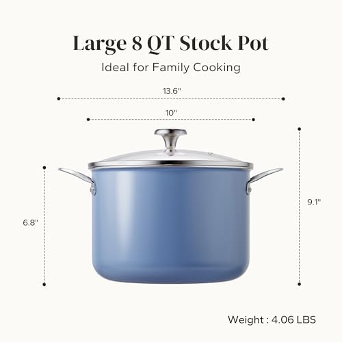 Redchef Nonstick Stock Pot with Lid 8 QT, Ceramic Large Pasta Pot for All Stovetops, Stockpot Cooking Soup Pot for Kitchen, PFOA Free, Sturdy Handles, Even Heating, Oven/Dishwasher Safe, Blue