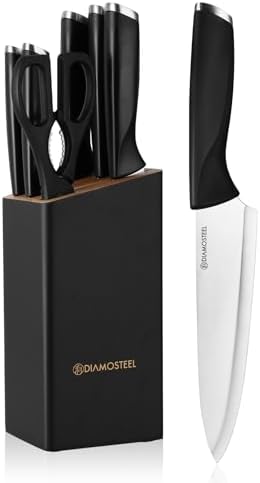 Black Knife Set with Wooden Block, 7-Piece Sharp Knife Block Set