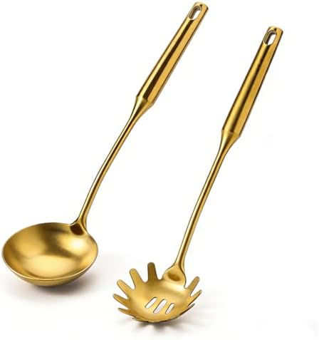 Gold Soup Ladle & Spaghetti Spoon Set, 18/10 Stainless Steel