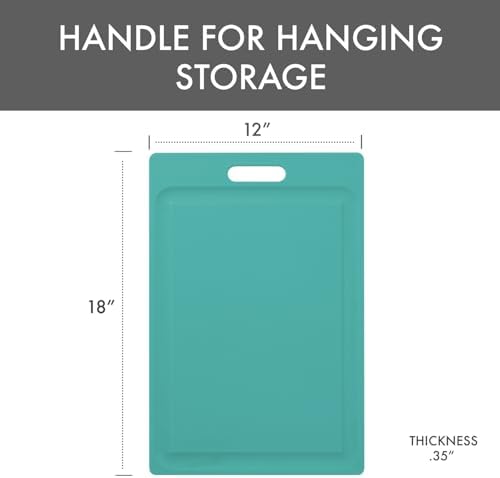 Dexas NSF Certified Polysafe Cutting Board with Handle and Juice Well, 12 x 18 inches, Reversible Kitchen Cutting Board, Teal Green