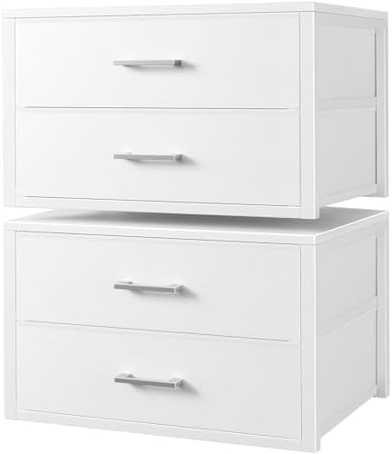 BOLUO Stackable Storage Drawers Closet Organizers and Storage Fabric White 2 Drawer Dresser for Bedroom 2 Packs Modern