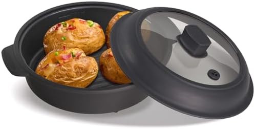 Microwave Grill Pan, Fry Griddle Crisper Pan with Lid for Grilling Browning and Crisping Foods Microwave Silicone Cookware for Baked Potato Meat Sandwich Vegetable Dark Grey