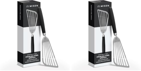 Misen Fish Stainless Steel Spatula - Slotted Turner for Cooking - Perfect for Frying - Heat Resistant - Dishwasher Safe -1mm Thick Flexible Flipper - Soft Silicone Grip Handle for Easy Use (Pack of 2)