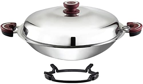 BUFFALO Stainless Steel Wok Pan with Lid Round Bottom 14 inch (35cm)