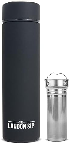 London Sip Multi-Purpose Tea Infuser Travel Mug and Tumbler Fruit Infuser Flask Hot and Cold Double Wall Stainless Steel Thermos with Extra-Long Infuser, Zen Black