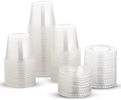 DuraHome Plastic Portion Cups with Lids 4 oz. & 5.5oz. Combo Pack of 150 Leakproof Jello Cup Mini Containers for Salad Dressing Sauce Condiment Snack Souffle and Salsa, Disposable, Interchangeable