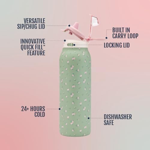 Ello Pop & Fill Insulated Stainless Steel Water Bottle with Quick Fill Lid, Leakproof Locking, Sip or Chug Spout, BPA-Free, Double Wall Vacuum Insulated for Sports, Travel & School- 22oz / 32oz / 40oz