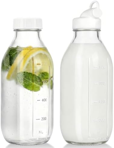 CUCUMI 2 Pack 32 Oz Glass Milk Bottle with Reusable Lid