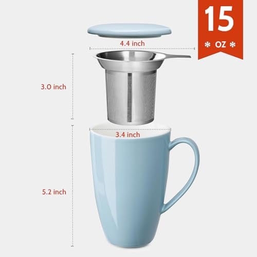 Sweese 15 OZ Porcelain Tea Mug with Infuser and Lid, Loose Leaf Tea Cup, Gifts for Tea Lover, Bluish Grey