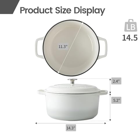 EDGING CASTING Enameled Cast Iron Dutch Oven Pot With Lid, Dutch Oven for Sourdough Bread Baking Round Pot Dule Handle, 7.5 Quart, White