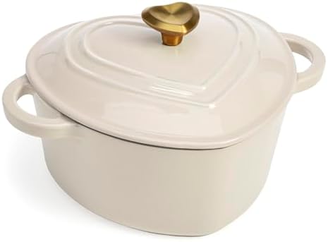 Paris Hilton Enameled Cast Iron Dutch Oven Pot with Lid, Heart-Shaped Dutch Oven, Durable Cast Iron Pot with Dual Handles, Oven Safe to 500°F, Works on All Stovetops, 4-Quart, Cream