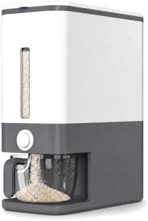 Proarea Rice Dispenser 25 Lbs, Airtight Grain Rice Storage Container with Measuring Cup, One-Touch Dry Food Dispenser for Kitchen Pantry, Clear Scale Window, Graphite Gray
