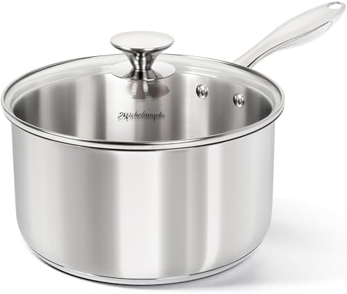 MICHELANGELO 4 Quart Saucepan with Lid, Thick Bottom Stainless Steel Saucepan with Cover, 4 QT Sauce Pot, Induction Ready & Dishwasher Safe