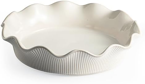 Ceramic Deep Pie Pan for Baking, 11 inch Porcelain Pie Dish for Apple Pie, Oven & Dishwasher Safe, Farmhouse Decor, 48 Ounce Deep Plate for Kitchen, Non-Stick Pie Pans, Embossed Stripe