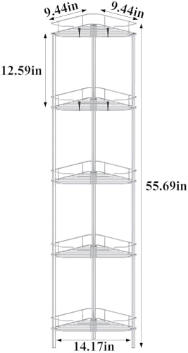 HuggieGems Metal Floor Standing Corner Shower Caddy, Silver, 5 Tier