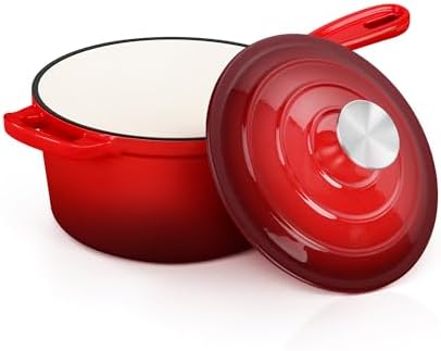 E-far Enameled Cast Iron Sauce Pan with Lid, 1 Quart Dutch Oven Saucepan, Mini Sauce Pot for Cooking, Boiling, Healthy & Non Toxic, Induction & Oven Safe, Red