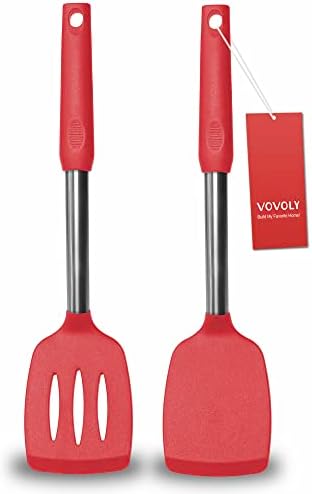 2 Pack Spatulas, Solid & Slotted Silicone Spatula Set, Stainless Steel Handle Coated with Silicone, Non Stick Turners, Heat Resistant Rubber Spatulas for Fish, Eggs, Pancakes, WOK, Red