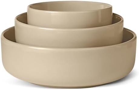 Amazon Basics Ceramic Serving Bowls Set Of 3, Glazed Stoneware (6", 8" & 10"), Nestable Space-Saving, Stain-Resistant, Microwave & Dishwasher-Safe, Linen Gray