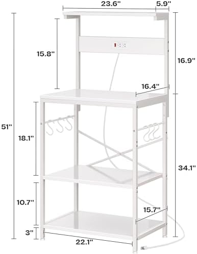 SUPERJARE Kitchen Bakers Rack with Power Outlet, Coffee Bar Table 4 Tiers, Kitchen Microwave Stand with 6 S-Shaped Hooks, Storage Shelf Rack for Spices, Pots and Pans - White