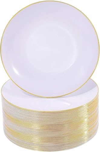 Nervure 100PCS White with Gold Rim Plastic Plates, 7.5″ Disposable Plates