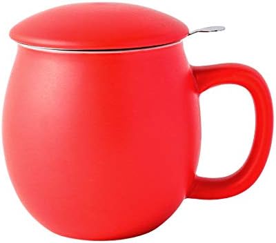 Yundu 12 OZ Matte Red Ceramics Teacup with Infuser and Lid, Mug with Lid for Steeping - Stainless Steel Infuser for Loose Leaf Tea, Home Office Gift for Tea Lovers