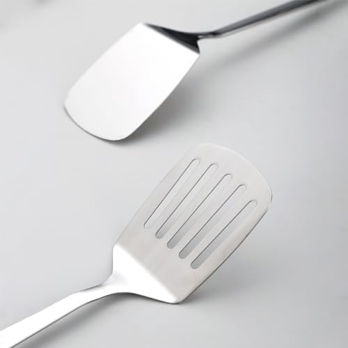 Kyraton Stainless Steel Spatulas Set, Silver Slotted Turner, Solid Turner, Kitchen Spatulas for Nonstick Cookware, Dishwasher Safe, Easy to Clean