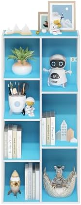 Furinno LUDER Book Shelf, 7-Cube Bookshelf, Bookcase with Open Shelves, 9.4 x 19.5 x 41.7, Easy Assembly, for Living Room, Bedroom, Home Office, White/Light Blue