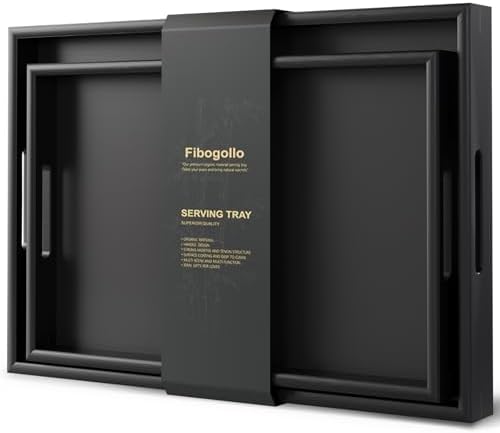 Fibogollo Bamboo Set of 2 Serving Tray with Handles,Decorative Trays Platter,Breakfast Tray in Bed,Food Drinks Tray for Eating,Working,Storing(Black)
