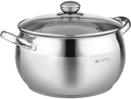 Daniks Classic 6.5 Quart Stainless Steel Stock Pot with Glass Lid, Tri-Ply Bottom for Even Heating, Induction Compatible, Dishwasher Safe