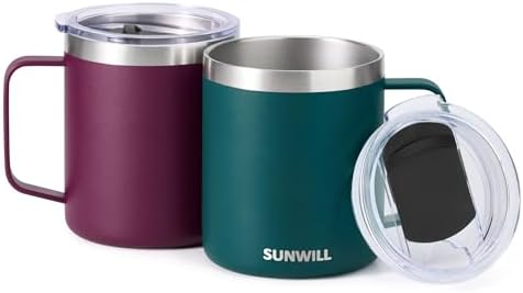 SUNWILL Travel Coffee Mug Set of 2, 14 oz Insulated Stainless Steel