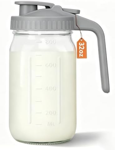 Mason Jar Pitcher, 32 oz Glass Milk Pitcher, Wide Mouth & Leakproof Glass Pitcher with Lid for milk, Sun Tea, Juice, Cold Brew Coffee and Drinks (Gray)