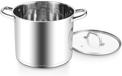E-far 12 Quart Cooking Stock Pot, Large Stainless Steel Pot for Canning Simmering Stewing, Heavy Duty Cookware with Tri-ply Base for Induction Gas Stoves, Soup Pots with Glass Lid, Dishwasher Safe