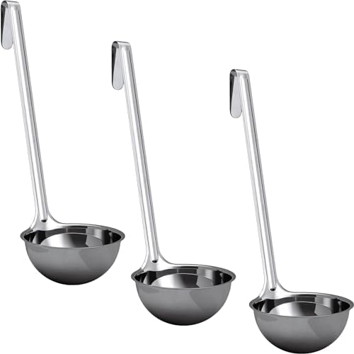 Super Sturdy, Ergonomic 8 Oz. Soup Ladle 3 Pk. Stainless Steel Ladles with Long Handles. Best Kitchen Accessories for Stirring, Portioning and Serving Soups, Chili and Stew in Restaurants and at Home