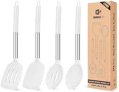 Pack of 4 Silicone Cooking Utensils Set, Non Stick Large Solid Spatulas, Heat Resistant Slotted Spoons, Ideal BPA Free Kitchen Turners for Frying, Mixing,Serving,Draining,Turning,Stirring (WHITE)