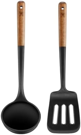 WAGENSTEIGER Set of 2pc Silicone Cooking Utensils: Wooden Handle Slotted Spatula + Cooking Ladle, Heat Resistant Cooking Utensil, BPA Free, Protects Surfaces with Gentle Head Design