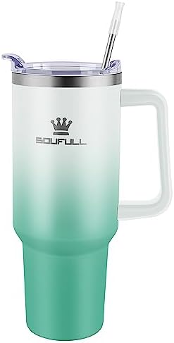 40 oz Tumbler with Handle and Straw Lid, 100% Leak-proof, WhiteGreen