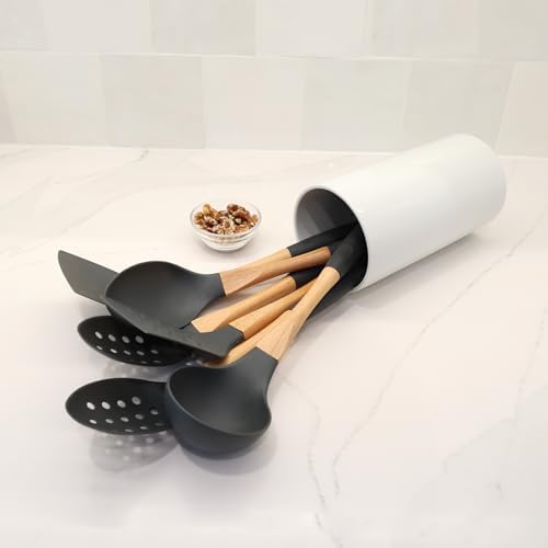 Beille 3pc Grey Nylon Cooking Spoons Kitchen Utensils Set with Wooden Handle High Heat Resistance