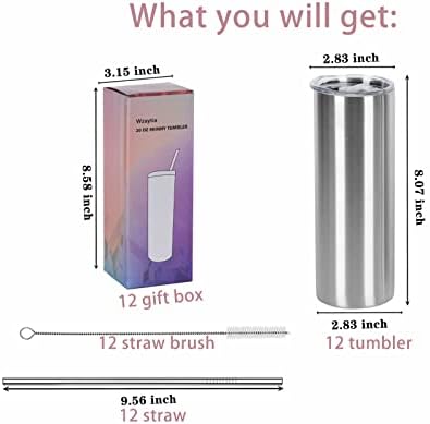 12 Pack 20 Oz Straight Skinny Tumblers,Individually Gift Boxed Stainless Steel Slim Skinny Tumbler Set Bulk, 20 Oz Insulated Slim Thin Travel Tumbler Cup for Diy, Silver