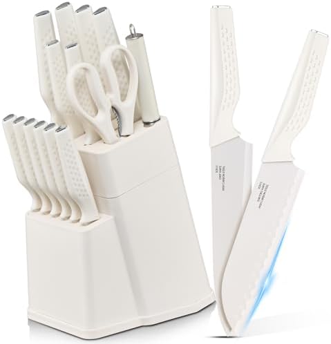 E-far Knife Set, 15-Piece Kitchen Knife Block Set with Sharpener, White