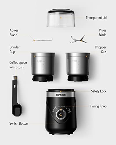 SHARDOR Electric Super Silent Blade Coffee Grinder, Timed Grind Control Rotary Knob, Adjustable Coarse to Fine for Coffee Beans, Spices & Herbs, with 2 Removable Stainless Steel Bowl, Black